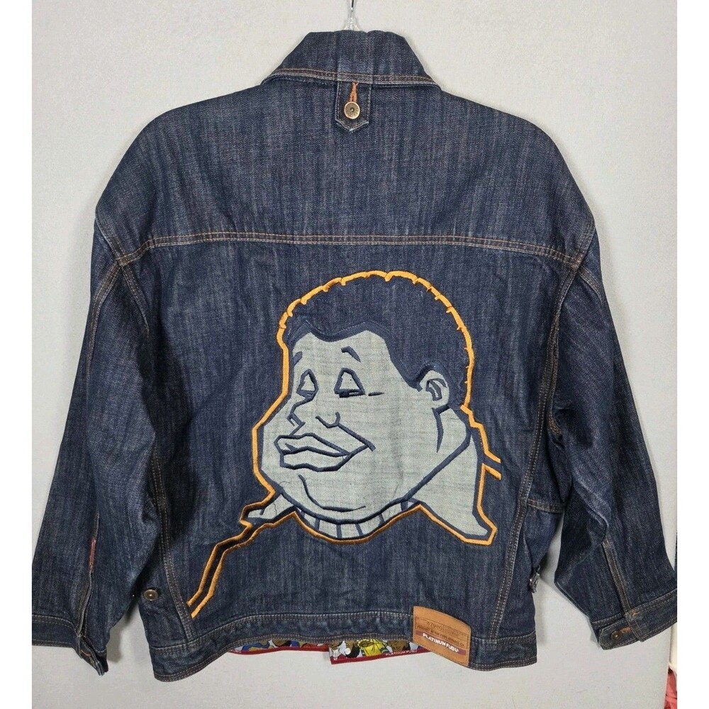 Vtg Platinum FUBU Jacket Mens L Blue Denim Fat Albert Graphic Hip Hop Y2K
